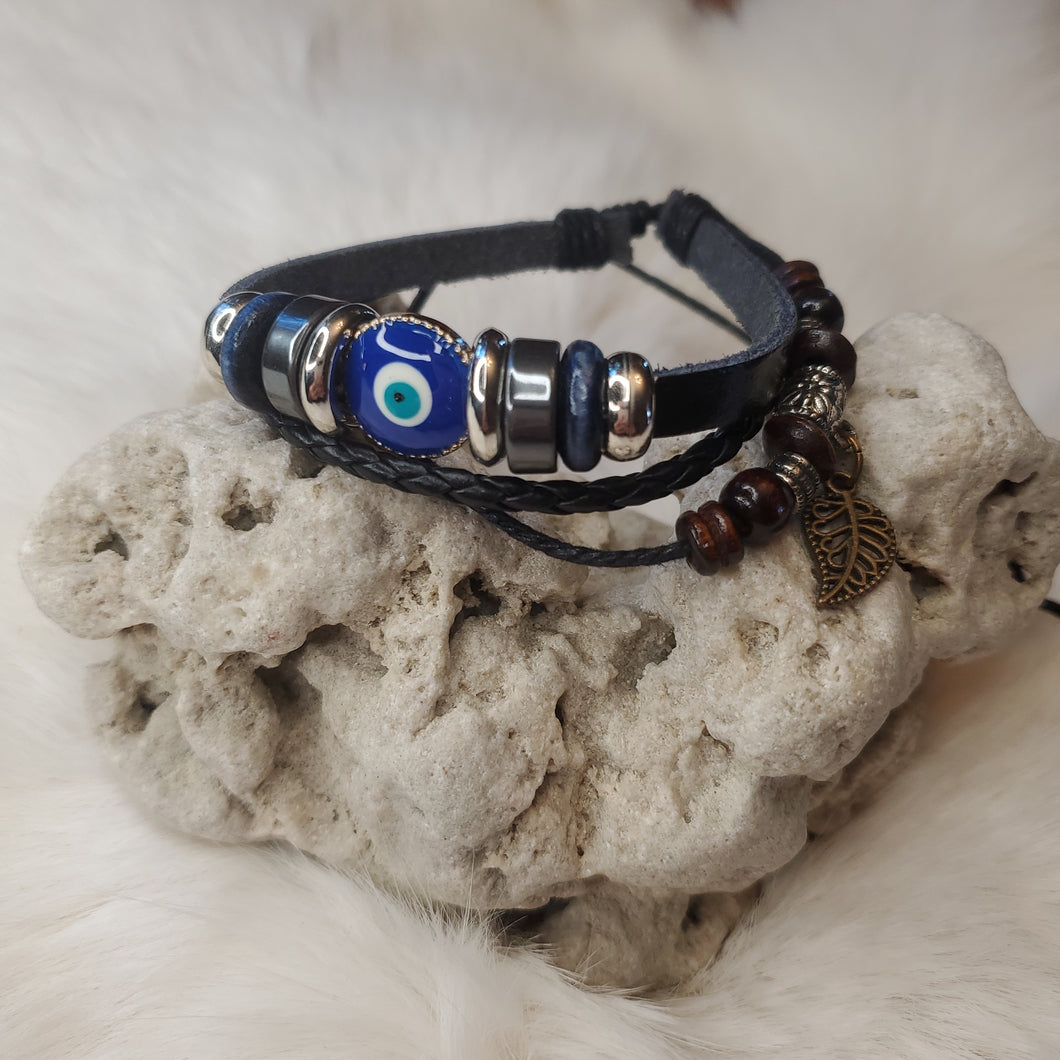 Evil Eye Leather Bracelet with Feather